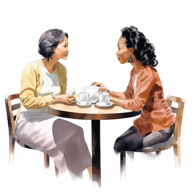 illustration clipart of Asian african american woman and her Asian Mother sitting at a cafe table having coffee, hyperrealistic, white background