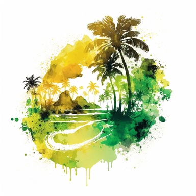Watercolor Pastel yellov and green Hawaii Clipart - watercolor surfing tropical island on white background