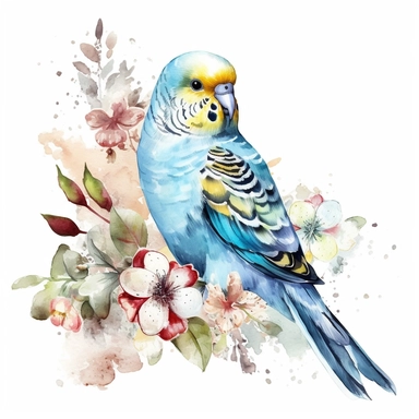 budgie bird, watercolour, isolated solid background, pretty, floral, clipart, include branch and flowers--no watermark, text, words, paintbrush, typography