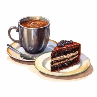 A cup of black coffee, steaming hot, next to a piece of chocolate cake clipart, white background, watercolor drawing, very detailed , Cartoon,hyper realistic, intricate detail, illustration style,high solution,on the white background