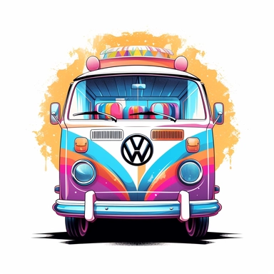 clipart of front view of a VW van from 1975 with groovy images, white background, groovy style, pink, orange, aqua colors