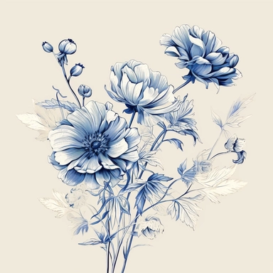 An illustration of blue flower clipart, reminiscent of the delicate and intricate botanical drawings by Beatrix Potter. Exquisite blue blossoms, meticulously rendered with fine details and graceful lines. The flowers exude a sense of elegance and serenity, capturing the beauty of nature. Cool color temperature enhances the calming atmosphere. Soft, diffused lighting adds a touch of softness, highlighting the delicate petals.