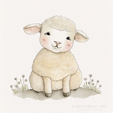 Cute - french style baby lamb smiling clipart, 1960, in the style of realistic watercolors, childlike innocence and charm, adorable eyes, rosy cheeks, shy posture, feminine sensibilities, realistic drawing in storybook illustration, pencil drawing by Angela Barrett, Elsa Beskow 300 DPI, valentines day themed, white background