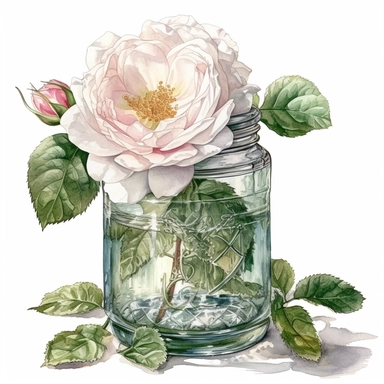 a green glass jar with an English rose,the rose is on the top of the jar on the opening, unimaginable beauty,white with little pink details in the centre of the bloom,An illustration clipart painted by ann buccarelli, watercolour, combo pale colours, insanely detailed, on white background, amazing colour combo, with detailed watercolor bloom, white/ pink/ green, bec winnel, intricately textured, close up, walter Langley, lucy grossmith, heavy impasto technique, detailed shading, atmospheric wate