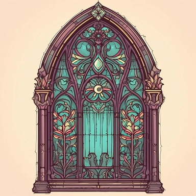 gothic, vintage, single cathedral window, glass, fancy scrolling, illustration, colored, vector art, clipart, graphic design, blank background, evoking emotion, detailed image