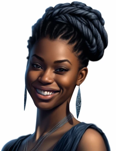 hasselblad 24 mm three quarters shot of a gorgeous african american woman with blue eyes, clipart, Composition: Relaxed position with intricate high hairstyle, smiling, detailed natural skin, Style: Nu-Goth, white background, hyperrealism, 32k
