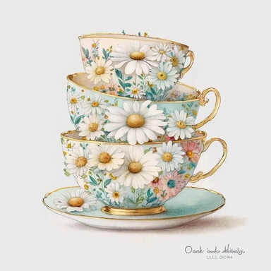 3 stacked vintage teacup, daisies inside, glitter around, white, gold, glitter, fantasy, realistic illustration, watercolor, by Dinara Mirtalipova, by Disney, by rifle paper co, bright and airy Colors, concept art, white background, clipart