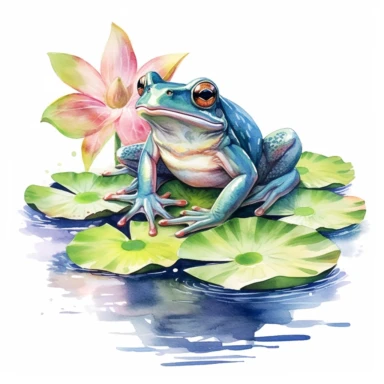cute watercolor frogs sitting on lilly pads clipart white background