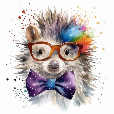 please create watercolor clipart of a porcupine smiling, wearing party GLASSES AND BOW TIE and bubbles, colorful, WHITE BACKGROUND