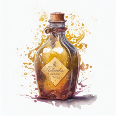 A bottle of Felix Felicis, the liquid luck potion shimmering gold, watercolor by Joseph Zbukvic, clipart, solid white background.
