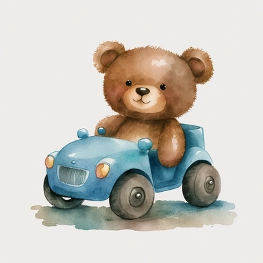 Watercolor brown fluffy jointed plain Teddy Bear clipart, wearing a white t-shirt, driving a blue toy car, happy, white back ground, no captions or text