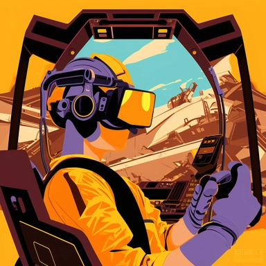 excavator cockpit, worker wearing vr headset, virtual reality hmd, poster, simplistic, abstract, vector, 2d illustration, clipart, few colors