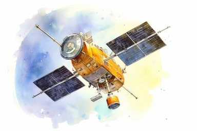 Watercolor, Generate an image showcasing a satellite in a sun-synchronous orbit, maintaining a consistent angle between the Sun and the satellite's orbital plane clipart, hd, on a white background, spaced out