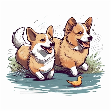 isometric clipart, two corgi dogs chasing a duck, extremely cute, fluffy, big ears, line drawing, white background, smiling, ins style,
