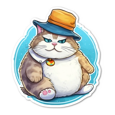clipart of a fat cat wearing a bucket hat, sticker style, white background