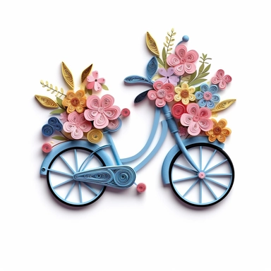 clip art, quilling art style, bicycle with flowers coming out of the basket, high detail, white background fade to edges, sticker