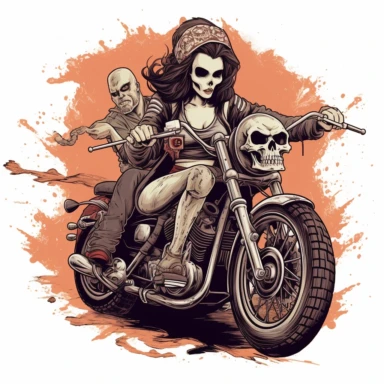 skull headed and skull faced female motorcyclist on a harley looking very tough and hardened white background clipart c 100
