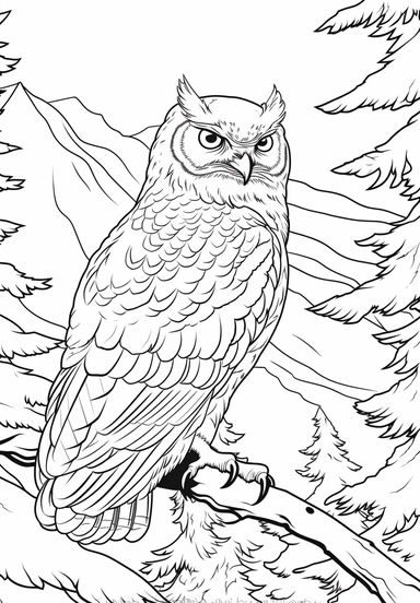 simple and easy coloring page design, coloring page for kids, owl in Denali National Park, Alaska, USA , cartoon character silhouette illustration cliparts image, high resolution, #screenshotsaturday, whimsical children's book illustrator,