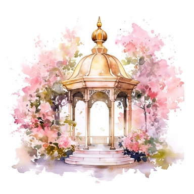 Watercolor Floral Gazebo in garden gold and pink Clipart, white background