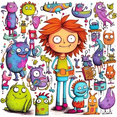 clipart , Doodle , bundle , Pixar whimsical girl monsters, spaced equally,