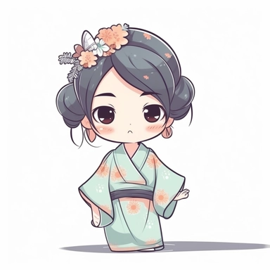 A girl wearing a kimono in the bathroom, chibi, extremely adorable, pastel color, minimalist, simple, contour, vector, clip art, solid white Background, no background, isolated on white background, sticker style art