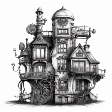scary horror Steampunk one house Clipart, Retro Futuristic Victorian Era Art, white background