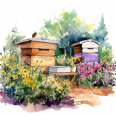 watercolor, A vibrant illustration of a garden scene with both traditional wooden beehives and modern Langstroth hives, surrounded by blooming flowers and bees actively foraging. (Digital drawing clipart, image black border color, full body, flat texture, transparent background)