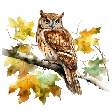 watercoloran owl sits on an oak branch, warm, soft glow through the trees, leaves are falling, trees in the background, hyper realistic, isolated white background, 8k, ultra detailed clipart, warm green