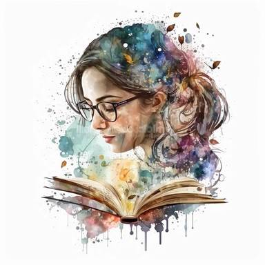 gorgeous beautiful bookworm women clipart, png on white background, watercolor illustration, ultra-detailed, 8k