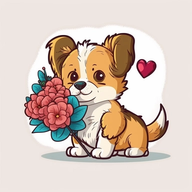 mascot flat color cartoon Cute little dog with flower. Happy Valentine's day clipart. cartoon, vector, illustration. white background