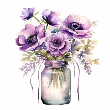 watercolor style purple anemones clipart, flowers, bouquets, in mason jars, on white background - Variations by <@1112474074942287975> (relaxed)