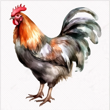 watercolor, Chickens: Another popular farm animal, chickens are kept for their meat and eggs. They are found in almost every country in the world, and are an important source of protein for many people png Full body realistic cartoon in 32K UHD cute. 15 cm thick outline. Black color. There was no shadow on the ground. 8K with realistic watercolors and detailed illustrations. PNG clipart, transparent white background