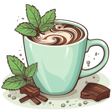 Create a mint chocolate clipart that features a delicious combination of mint green and chocolate brown colors. The design should include an image of a chocolate bar partially covered in mint leaves or swirls of mint. Additionally, the clipart could be a representation of a refreshing mug of hot chocolate with a sprinkle of chopped mint leaves on top. The overall style should be simplistic and elegant, with a high level of detail and color accuracy to convey the rich, indulgent flavor of mint ch