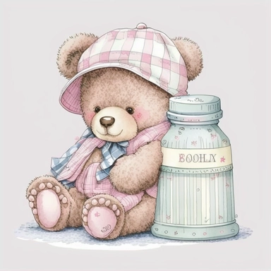 an ultra Cute little newborn baby teddy bear wearing pyjamas, baby pink traditional classic ((striped button up pyjamas)) and a bedtime hat and is sitting on a baby pink blanket with a baby bottle watercolour, cute,, bedtime, sleepy, dreamy, isolated on w