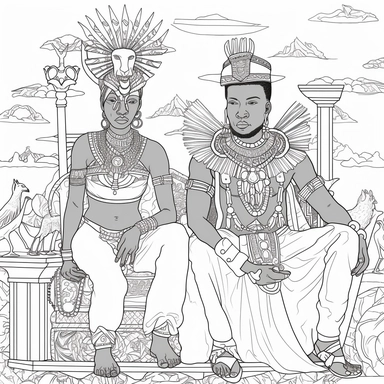 an african male and female couple earth and sky diety teaching to an audience of humans sitting down, coloring page for adults, no color, crisp lines, coloring pages for adults, think lines, clipart, vector, full body, no shading, full body, realistic, 8k