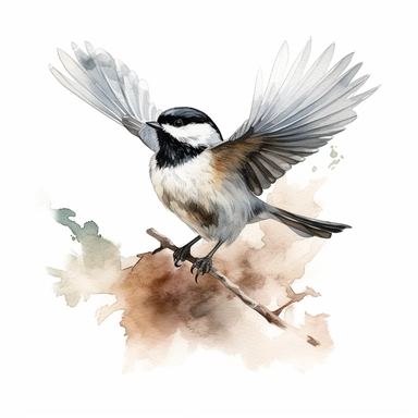 realistic watercolor chickadee ready to take off from the tree bunk, on white background, spaced out, clipart