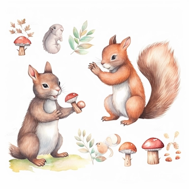 a squirrel reaching for a nut, hand drawn illustration, soft sketching style, sketch, children's book illustration, cute, fairy tale, colored pencil, watercolor, isolated on white background, clipart