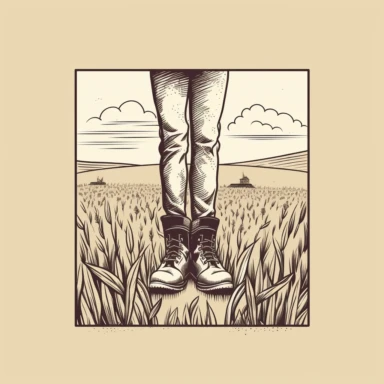 farmer's legs from knee down, standing in the middle of a healthy short corn field, simple line art vector clipart