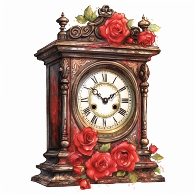 A weathered Victorian mantel clock, its worn wooden case showcasing the passage of time. The faded dial and intricate details speak of past eras, and an abundance of vibrant red roses adorns the clock, adding a touch of natural beauty to every moment. White background, clipart, watercolor, intricate detail.