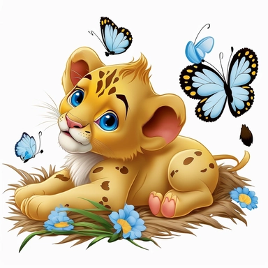 Clipart from baby simba from lion king laying on his back playing with butterflies, no spots, blue eyes, one tail--quality