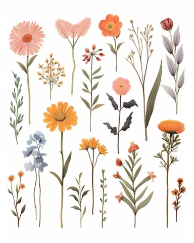Wildflowers, Flower Meadow , Flower Border, Minimalist Flower Bouquet, Wildflower Clipart hand drawn sketch with colors of wildflower meadow drawings boho minimalist style