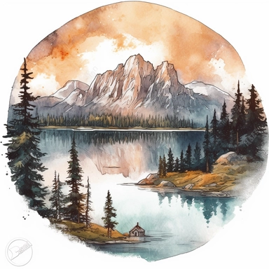 clipart of Banff national park Scene Canada, romantic atmosphere, white background, watercolour illustration style, dreamy, 8k, intricate, detailed, 8k no watermark
