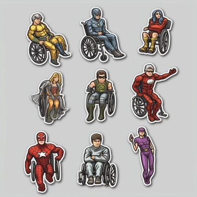 6 clipart elements, series of very hyperdetailed colorful stickers, cool people with disabilities, marvel style, superheros, each sticker with a clear white outline between each element, light grey background, realistic
