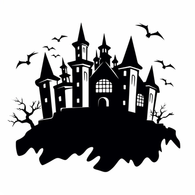 black and white silhouette of a spooky castle with bats flying around it, clipart style, white background, thick lines, vector, simple design, flat colour, solid colour, halloweencore