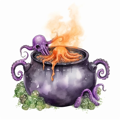 hand drawn black cauldron with bubbling potion, large bone in the cauldron, an octopus tentacle coming out of cauldron and hanging on the side, Halloween, purple orange and green shades, fantasy, glamorous, clipart style, detailed and realistic, watercolor, white background with margins