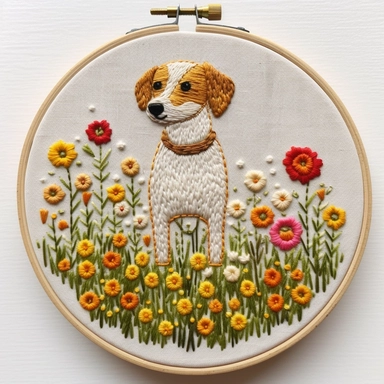 Hand embroidered dog clipart on a flat white background 2, standing on the grass, It is surrounded by small yellow and red flowers In the shape of a circle,