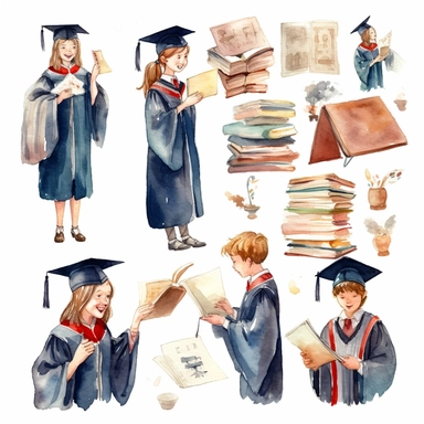 watercolor graduation ceremony related scenes, illustrations clipart set, simple, , cartoon elements ,different variants , separate elements with a margin, ,4k, high resolution