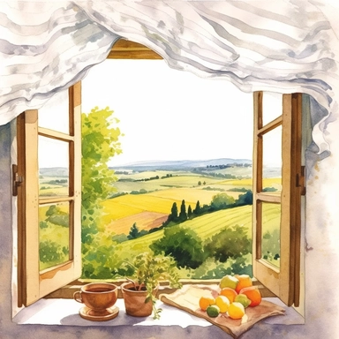watercolor, hyper realistic, white background, white margins, 16k, ultra detailed clipart, cut out image, hand-drawn a kitchen window with curtains, showcasing a scenic view of rolling hills and fields. in the style of colorful ink wash paintings, charming character illustrations, piles/stacks, creative commons attribution, digital painting, barroco