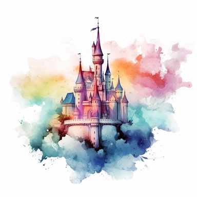 castle on clouds clipart, watercolor technique, 8k detailed digital art, bright, colorful, soft lightning, sharp clear focus, detailed, sharp, on a white background