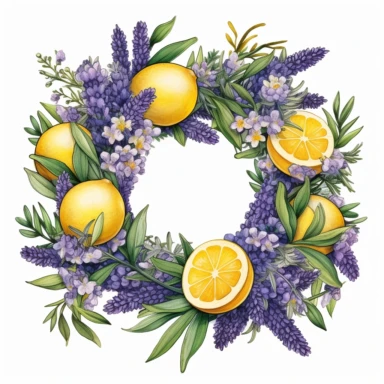lemon and lavender square wreath clipart, white background, very detailed , Cartoon,hyper realistic, intricate detail, illustration style,high solution,on the white background